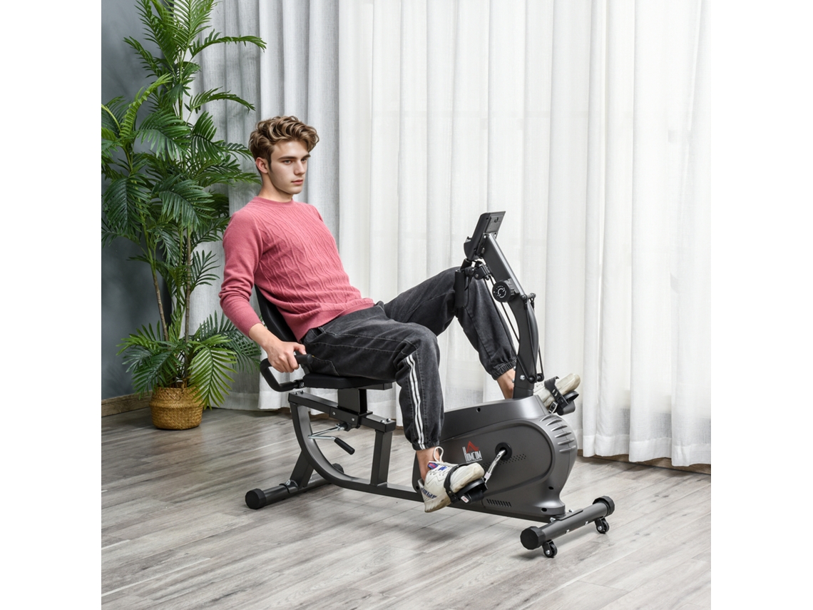 Bicicleta Horizontal Magnética 8 Resistências, Display Lcd, Assento Ajustável E Elásticos Para Braços