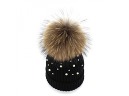 2026-gorro De Lana Para Mujer Com Pompon De Pele Natural E Pérolas Moda Inverno Negro
