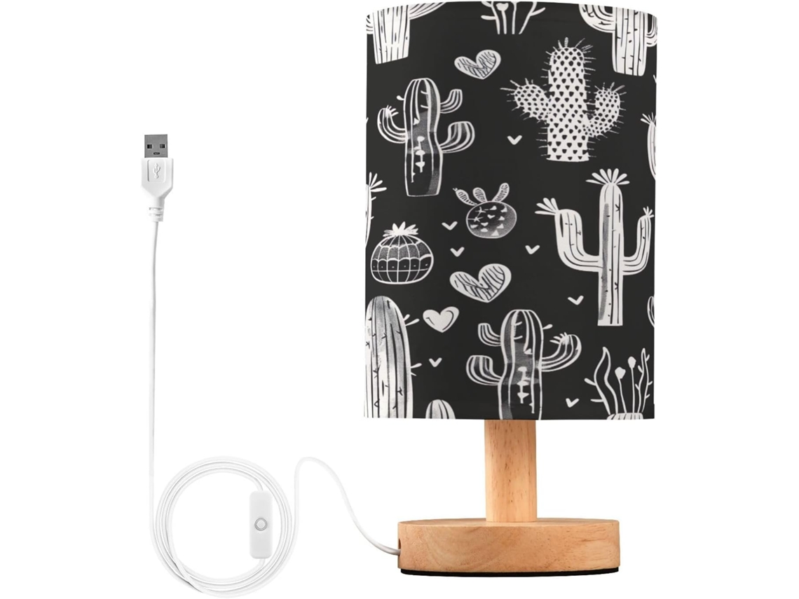 Abajur De Cabeceira Em Aquarela Com Estampa Cacto, Portas De Carregamento Usb C, Luminária De Mesa Cabeceira, Luminária