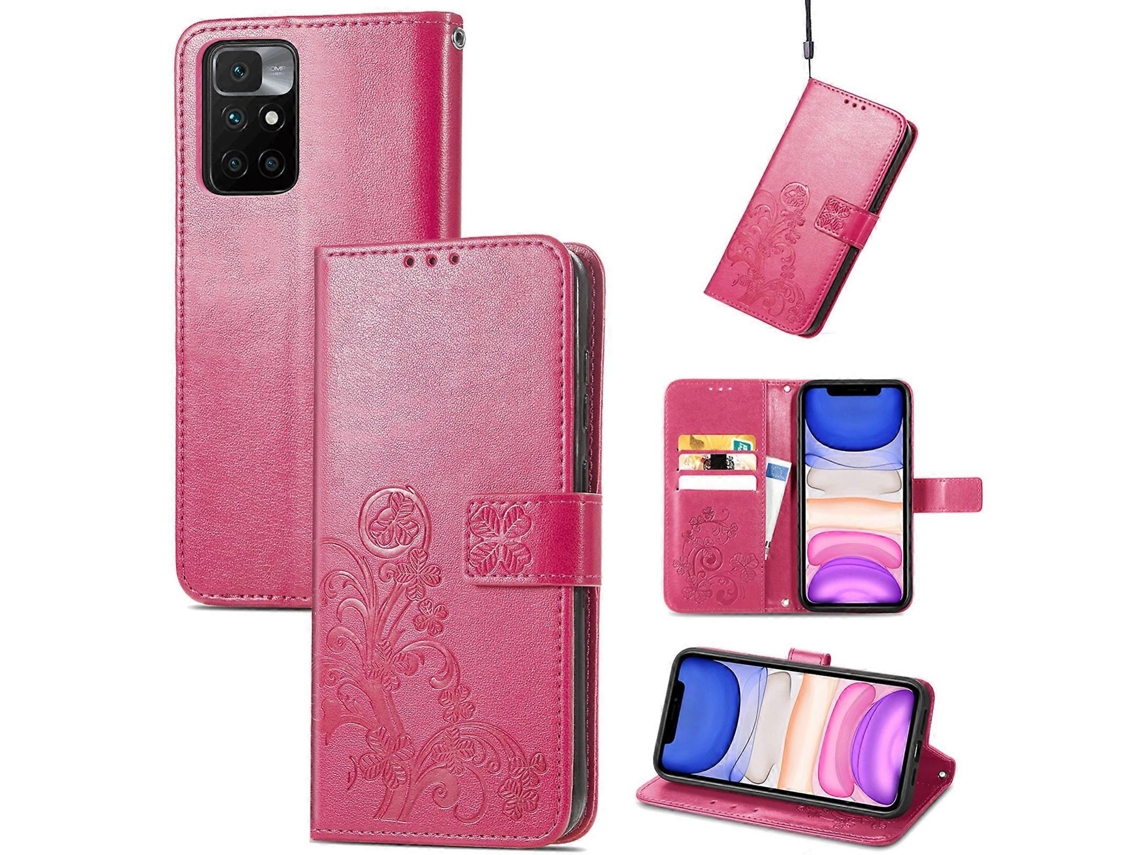 Capa De Couro Para Celular Xiaomi Redmi 10 Com Fecho De Quatro Lâminas, Proteção Em Relevo, Cordão, Compartimento Para Cartão, Carteira E Suporte.