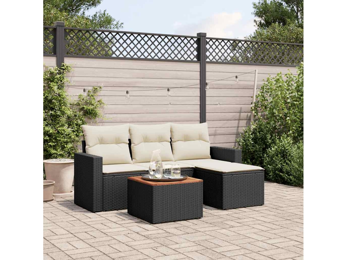 Vidaxl 5 Pcs Conjunto Sofás De Jardim Com Almofadões Vime Pe Preto