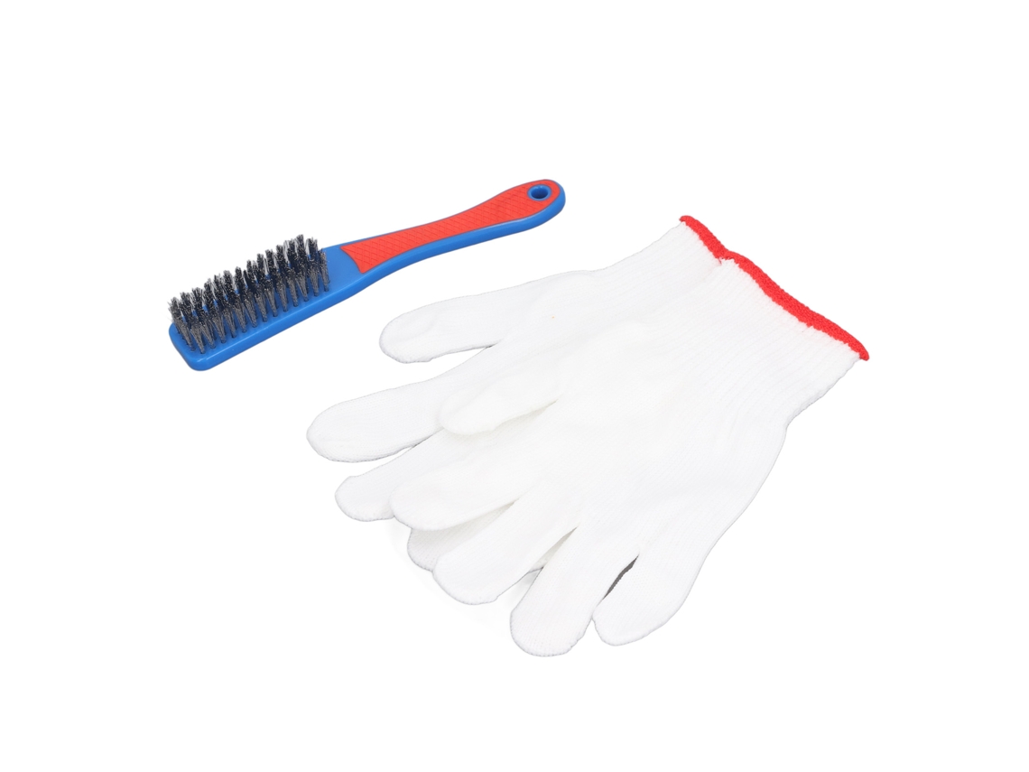 Conjunto de escovas de aço inoxidável com cabo de silicone confortável e luvas portáteis para rodas e pisos.