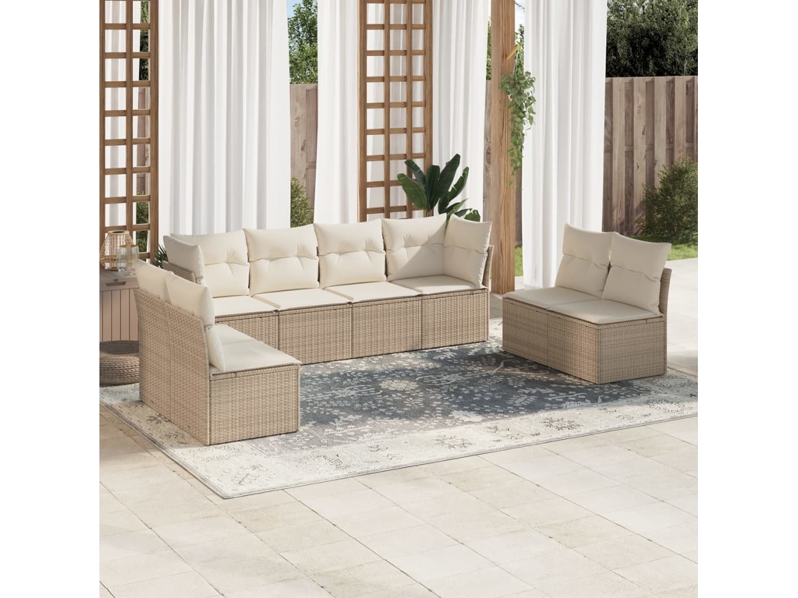Vidaxl 8 Pcs Conjunto De Sofás P/ Jardim Com Almofadões Vime Pe Bege