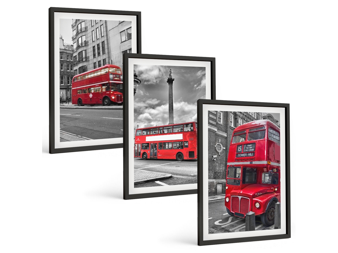 Composição De Quadros Ônibus Vermelhos, Londres Moldura Preta Quadros Para O Escritório Espelharte (3 Piezas De 40x60 Cm)