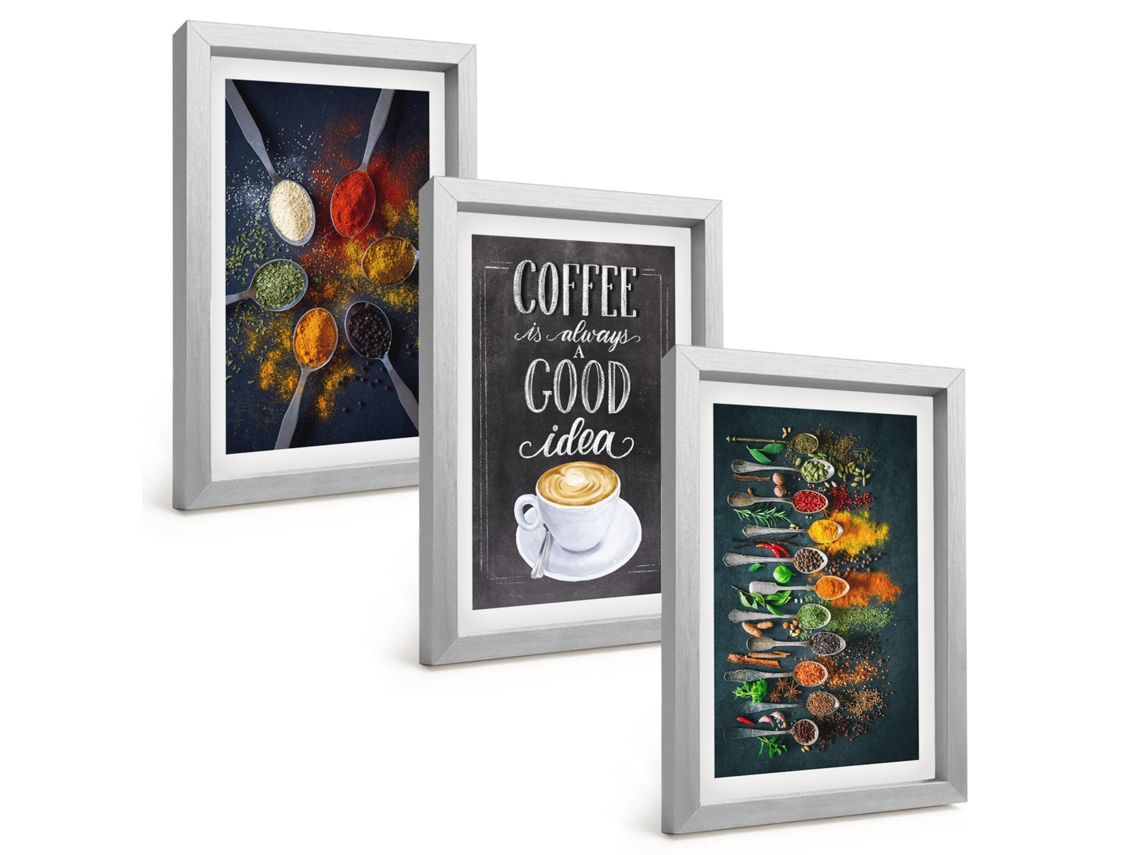 Composição De Quadros Especiarias, Café, Ervas, Padrões Espelharte (3 Peças 20x30 Cm)