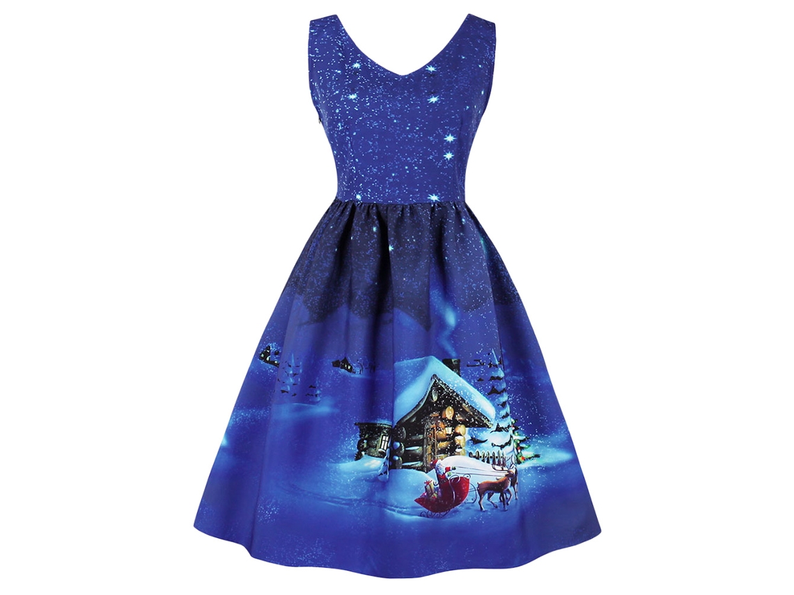 Vestido De Natal Laxiscreed Sem Mangas, Decote V, Estampa Plissada Azul Escuro, Tamanho 4xl