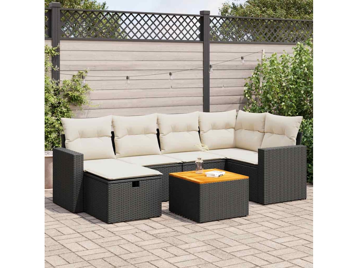 Vidaxl 7 Pcs Conjunto De Sofás P/ Jardim C/ Almofadões Vime Pe Preto