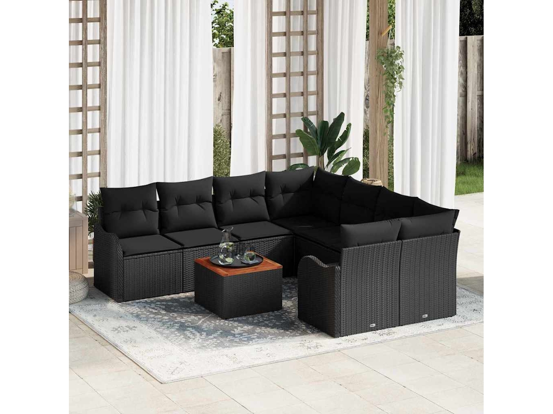Vidaxl Conjunto De Sofá De Jardim Com Almofada 9 Pcs Preto Vime Pe