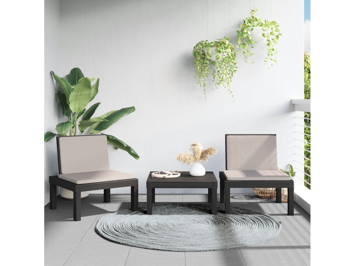 Vidaxl 3 Pcs Conjunto Lounge De Jardim Com Almofadões Pp Antracite
