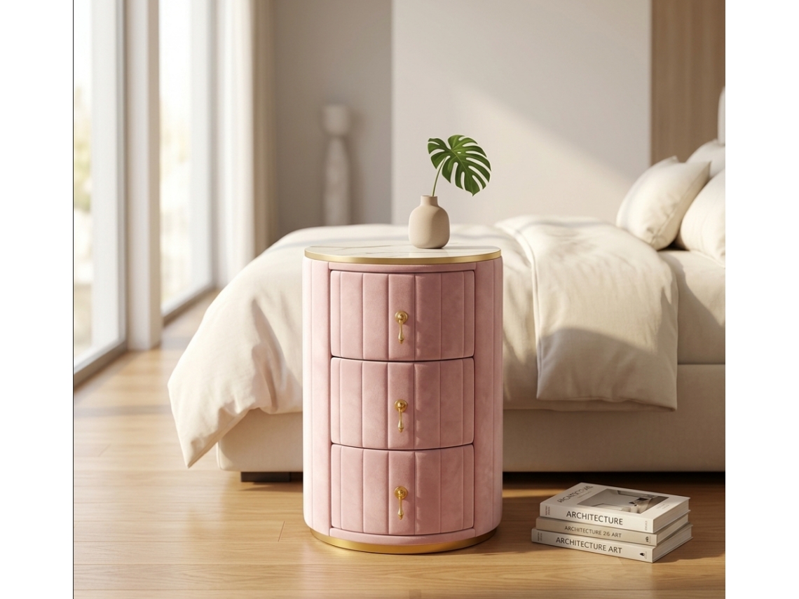 Mesa Cabeceira Redonda Veludo Mármore 3 Gavetas Rosa VELTRIX