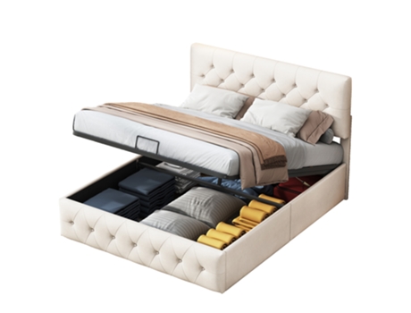Cama Estofada De 160x200 Cm, Cama De Casal Com Função De Elevação Hidráulica E Cabeceira Ajustável, Estrutura Da Cama Com Espaço De Arrumação Mexus