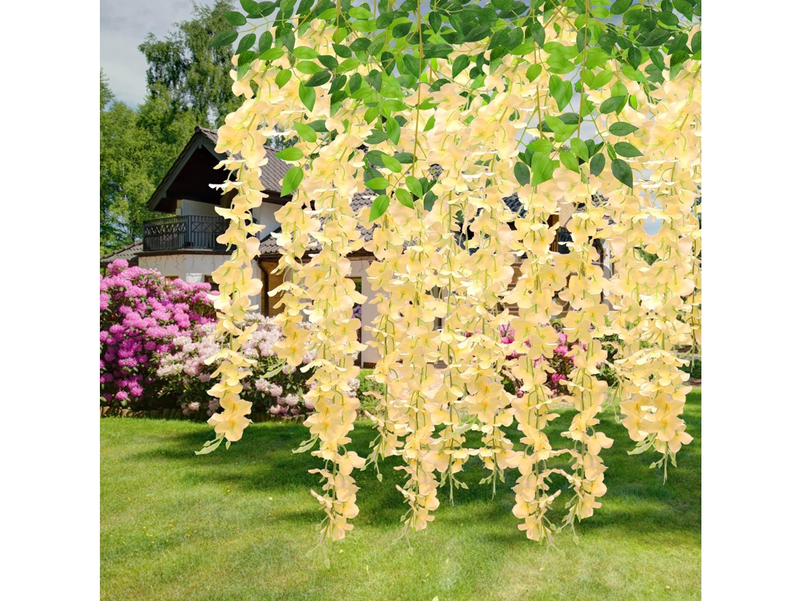 Guirlanda de Flores Artificiais de Glicínia em Rattan, Cor Champanhe, Pacote com 12 Unidades. Ideal para Decoração de Casa. AQUAFORGE