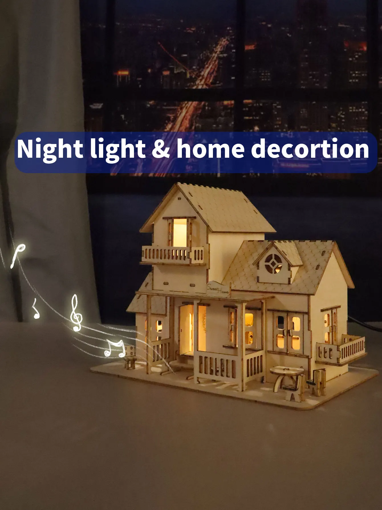 Quebra cabeça 3d de Madeira, Modelo de Caixa de Música "sweet Home" com Luz Noturna Led. MDUG
