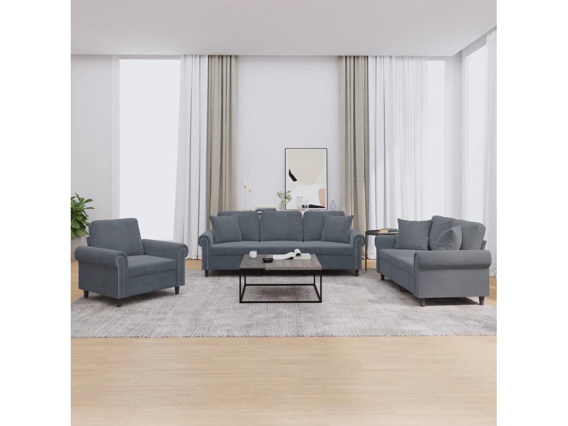 Vidaxl 3 Pcs Conjunto De Sofás Com Almofadas Veludo Cinzento-escuro