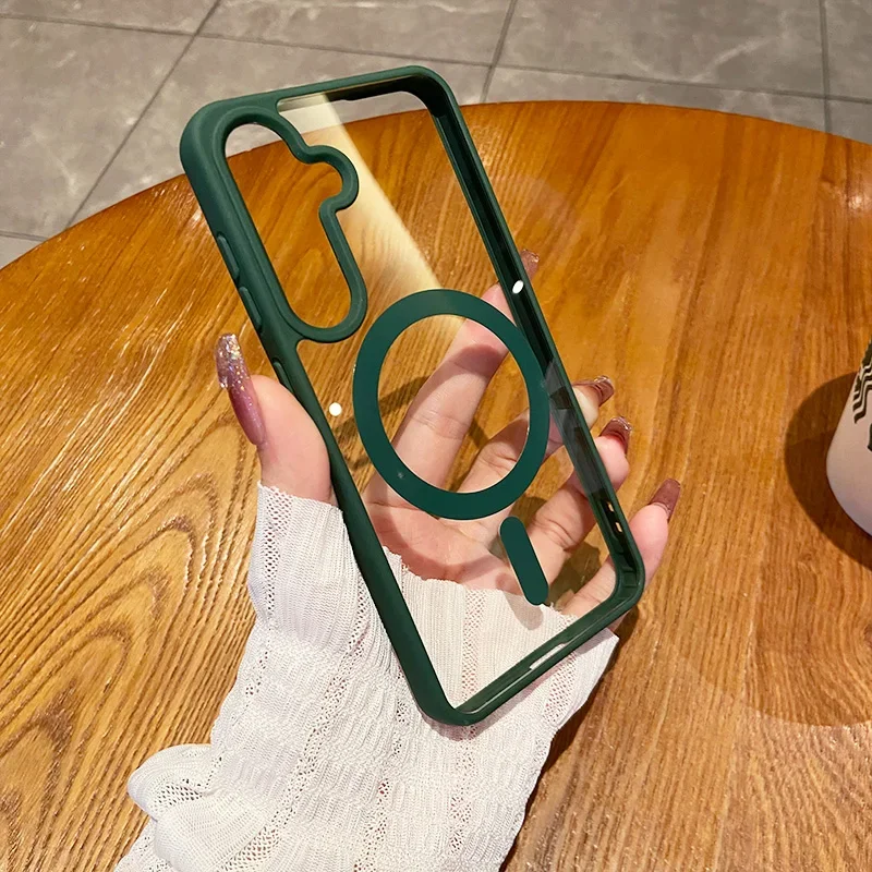 (verde S26 Ultra) Capa Protetora Para Carregamento Sem Fio Magsafe Com Moldura Magnética Transparente À Prova De Choque
