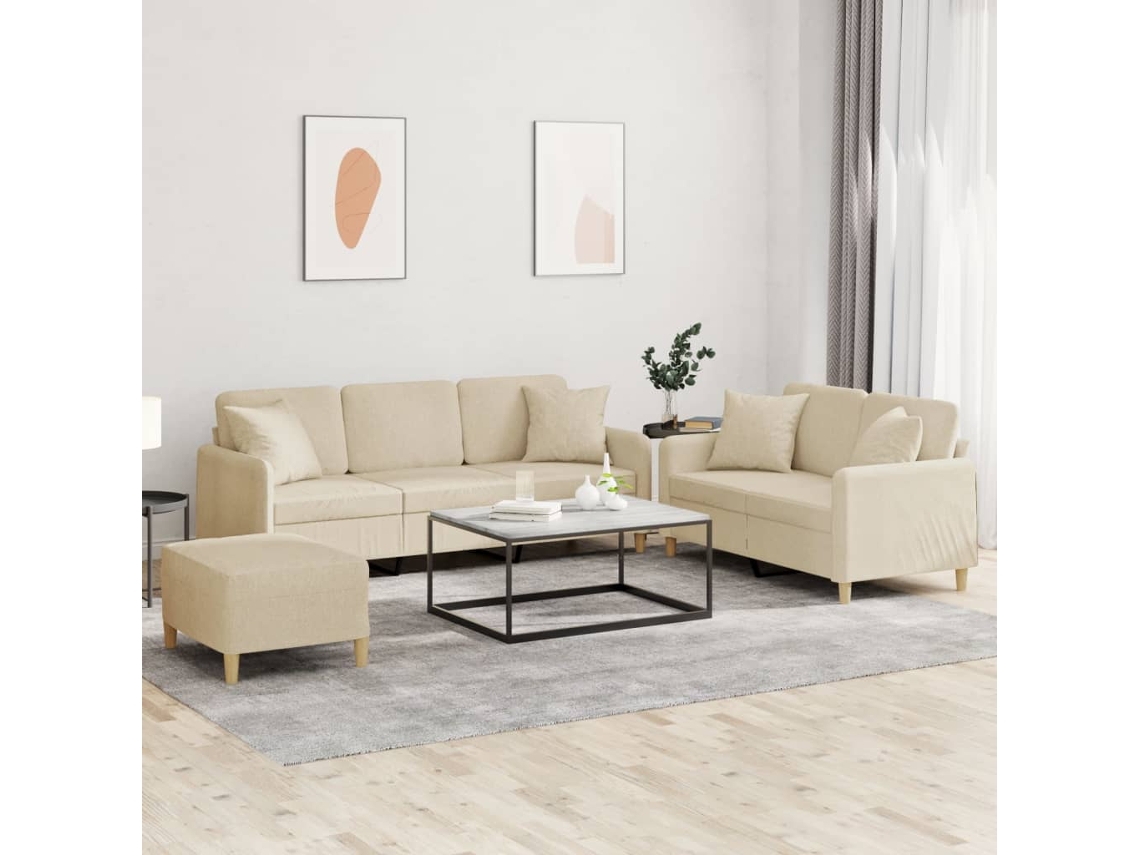 Vidaxl 3 Pcs Conjunto De Sofás Com Almofadas Tecido Cor Creme