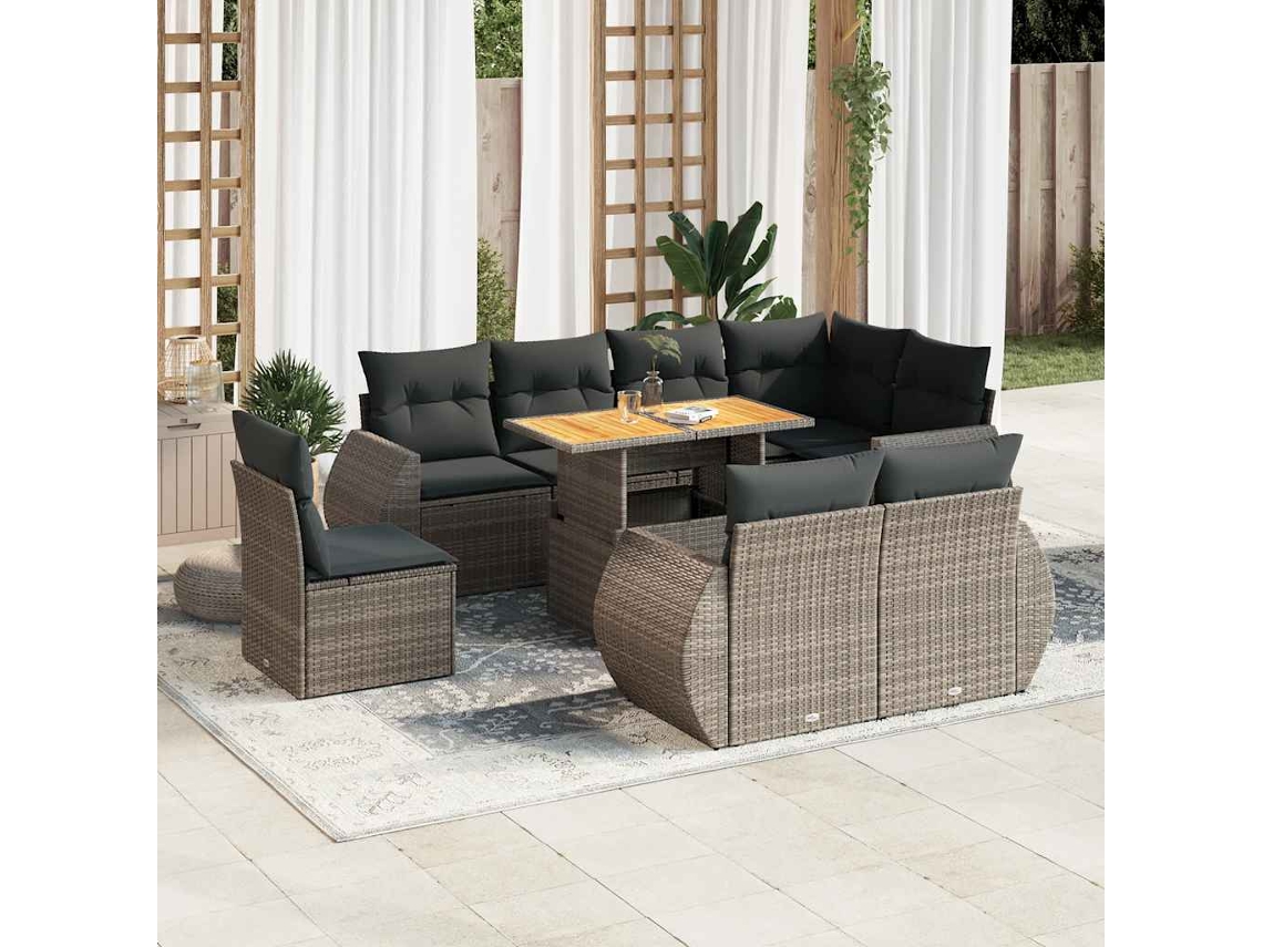 Vidaxl 9 Pcs Conjunto Sofás P/ Jardim Com Almofadões Vime Pe Cinzento