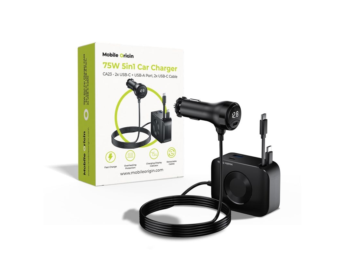 Carregador Veicular MOBILE ORIGIN 75w 5 em 1, com 2 Portas Usb c e Cabo | MOBILE ORIGIN