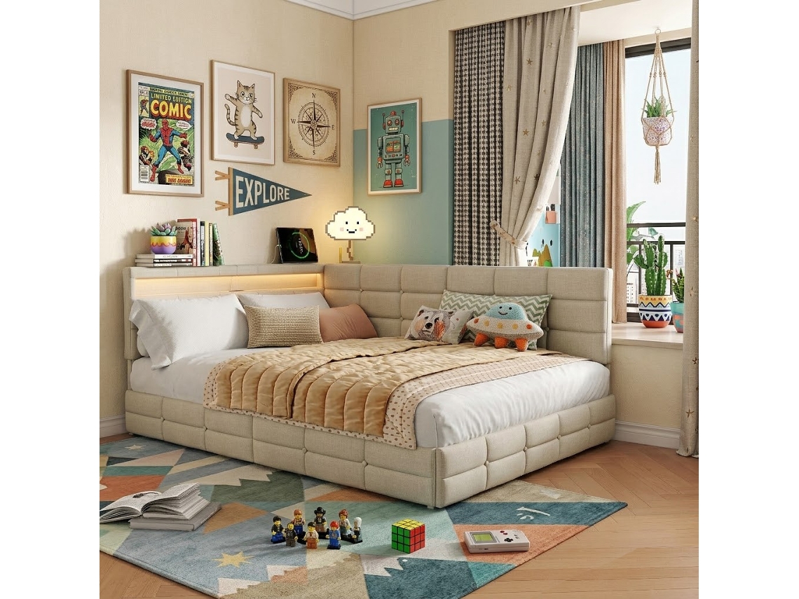 Sofá-cama 140x200 Com Entrada Usb E Espaço Para Arrumação, Estrutura Com Iluminação, Estofo Com Estrado De Ripas, Colchão Não Incluído, Bege