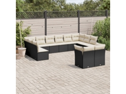 Conjunto de Sofá de Jardim 12 Peças C/ Almofadões Vime Pe Preto Dkd Home Decor