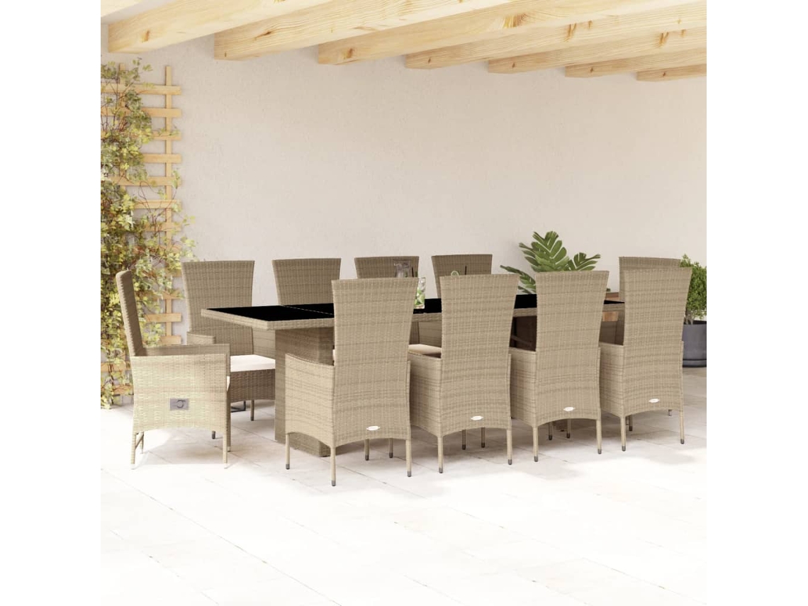 Conjunto 11 Peças Jantar P/ Jardim Com Almofadões Vime Pe Bege Dkd Home Decor