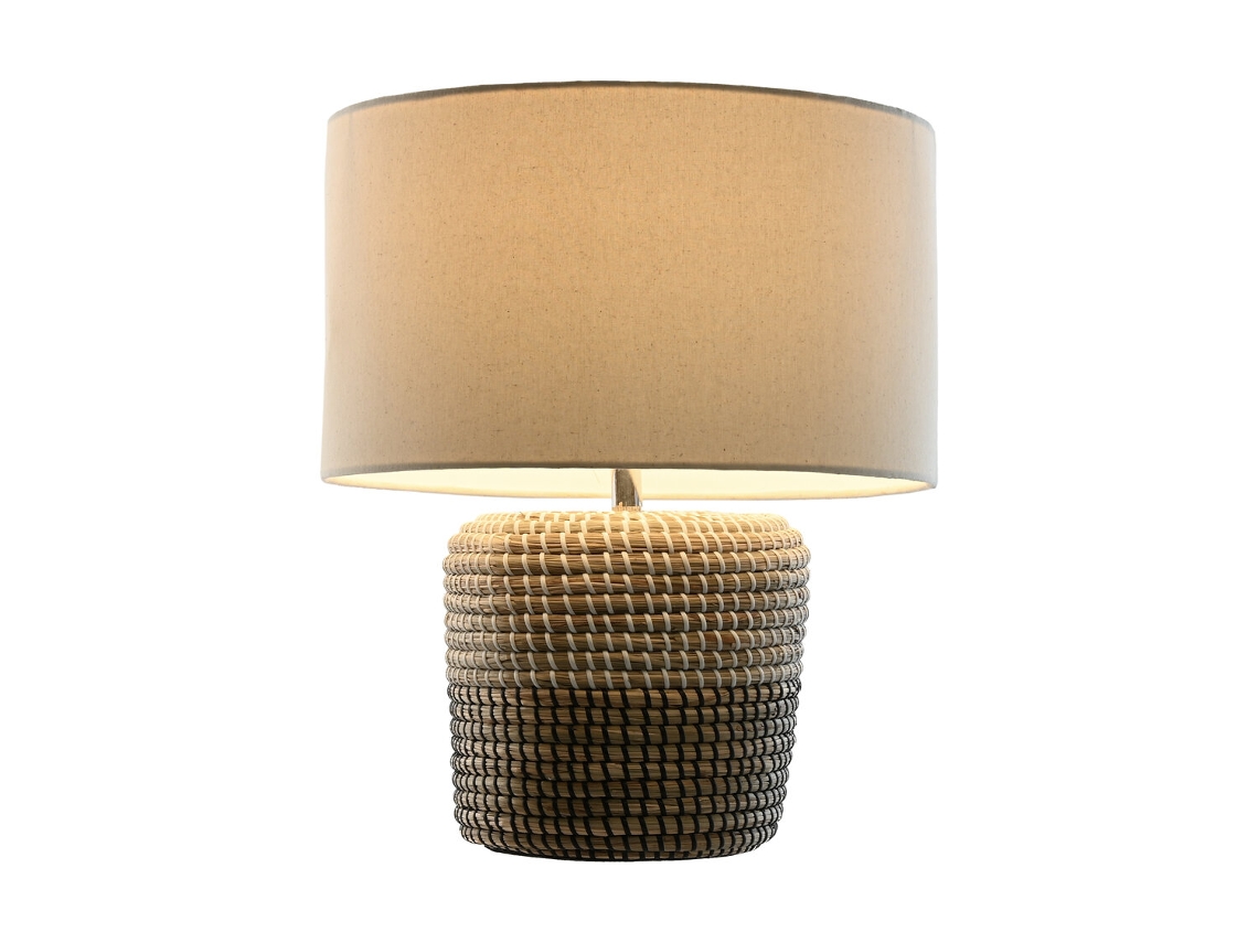 Abajur de Mesa em Linho Branco e Fibra de Junco, 38x38x47cm ALEXANDRA HOUSE LIVING