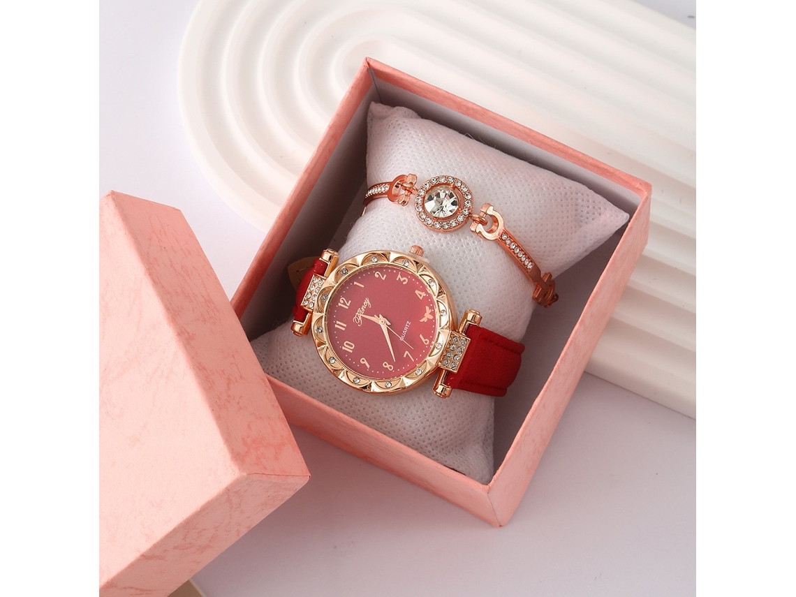 Conjunto de Presente Feminino com Relógio de Pulseira de Malha e Caixa Laranja SPQMENT