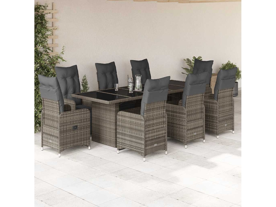 Vidaxl 9 Pcs Conjunto Bistrô De Jardim C/ Almofadões Vime Pe Cinzento