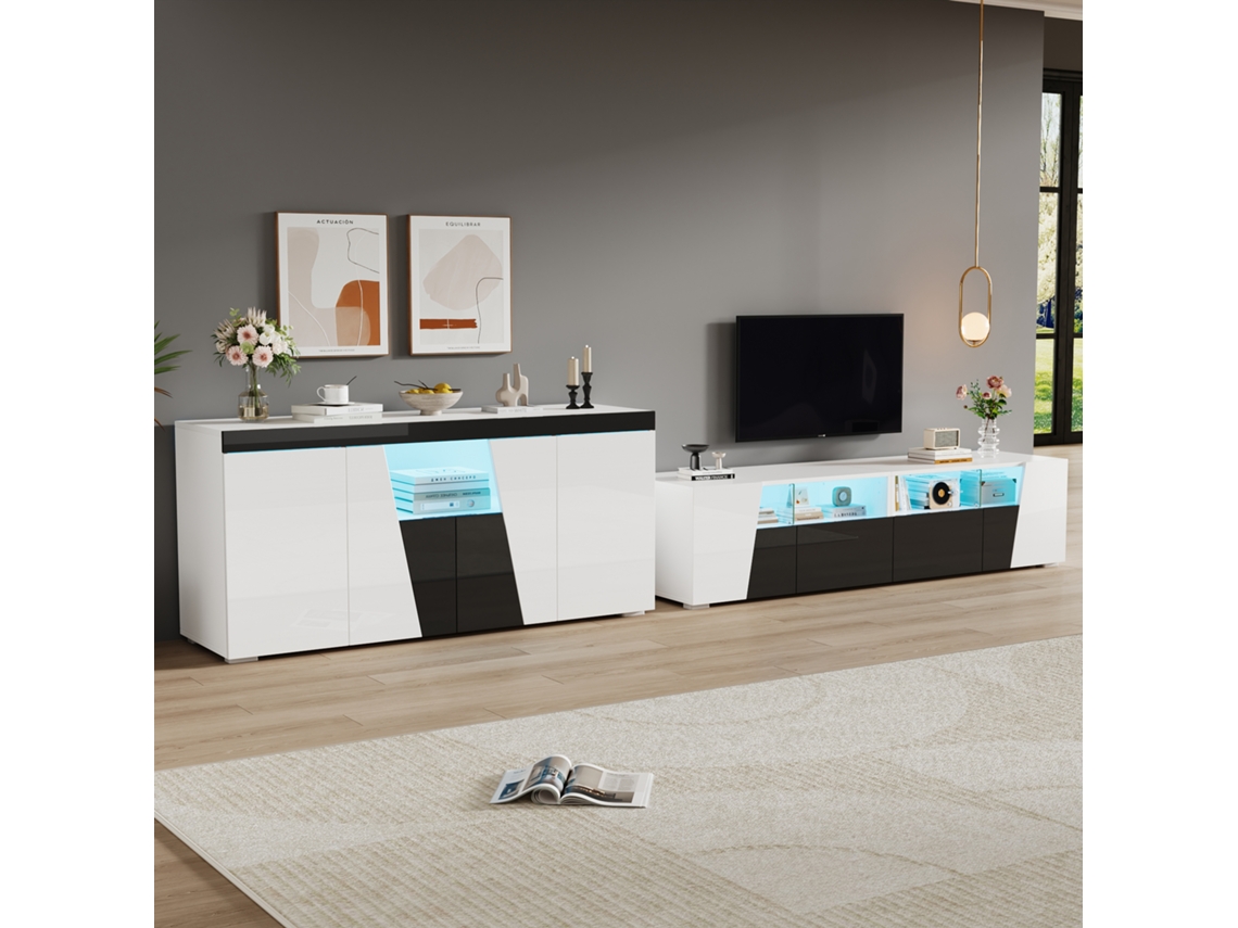 Móvel Tv E Aparador 180x38,5x45 Cm Alto Brilho Com Led, Lowboard 140x40x65 Cm, Preto E Branco