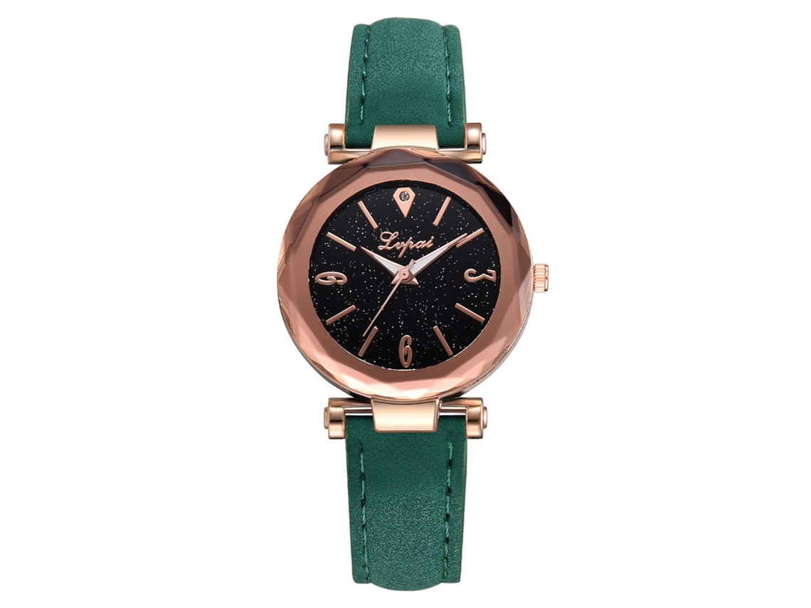 Relógio Analógico de Pulso Feminino com Pulseira de Couro Pu Estilo Simples Verde