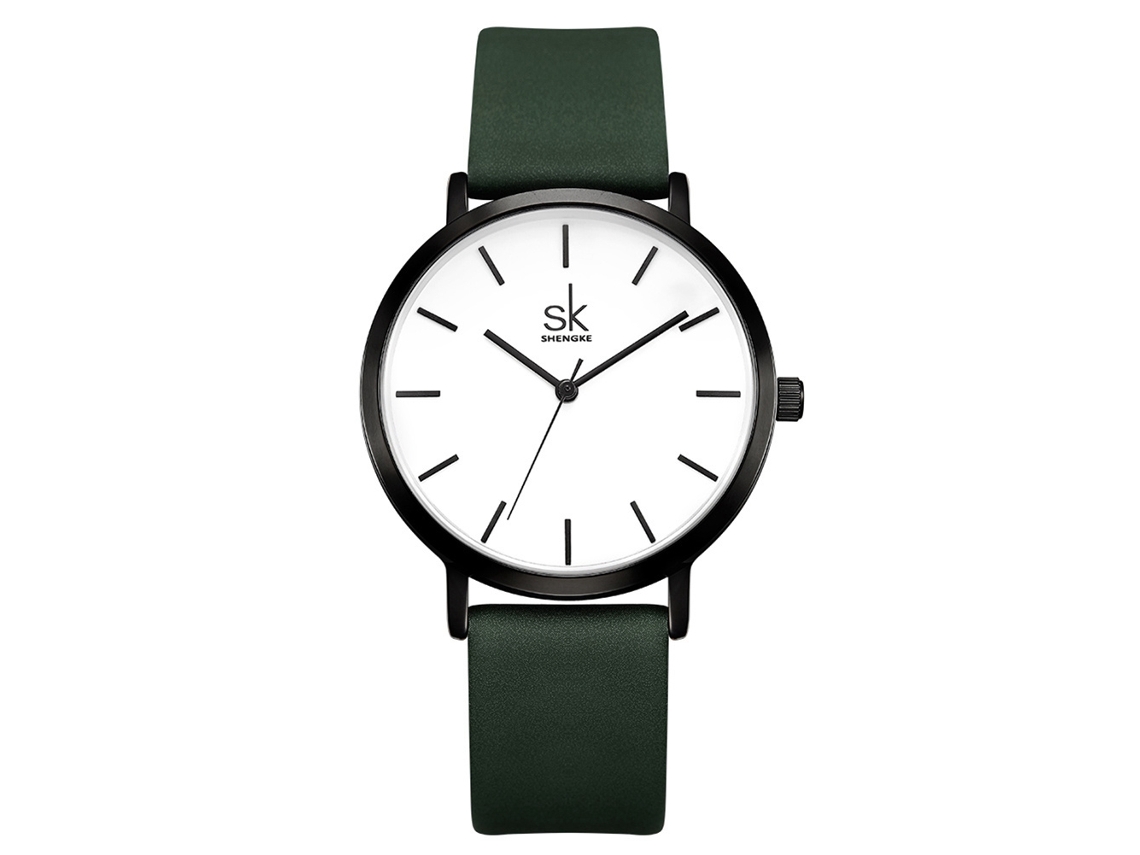 Relógio de Pulso Feminino Simples de Quartzo com Pulseira de Couro Pu Preto verde
