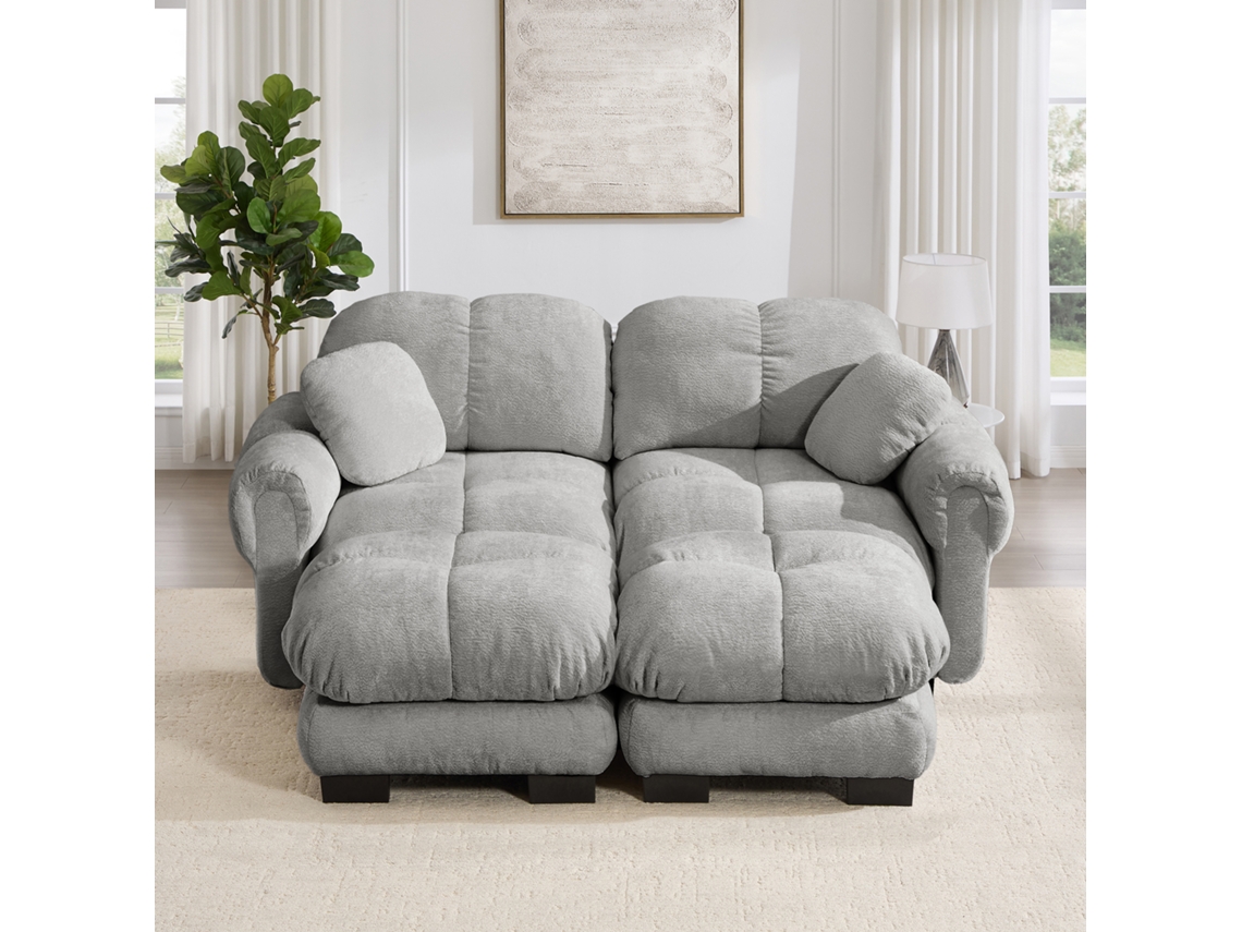 Sofá Modular U 2 Lugares Em Chenille Com Pufe Móvel, Design Capitonado, Almofadas Espessas E Confortáveis, Cinzento Claro