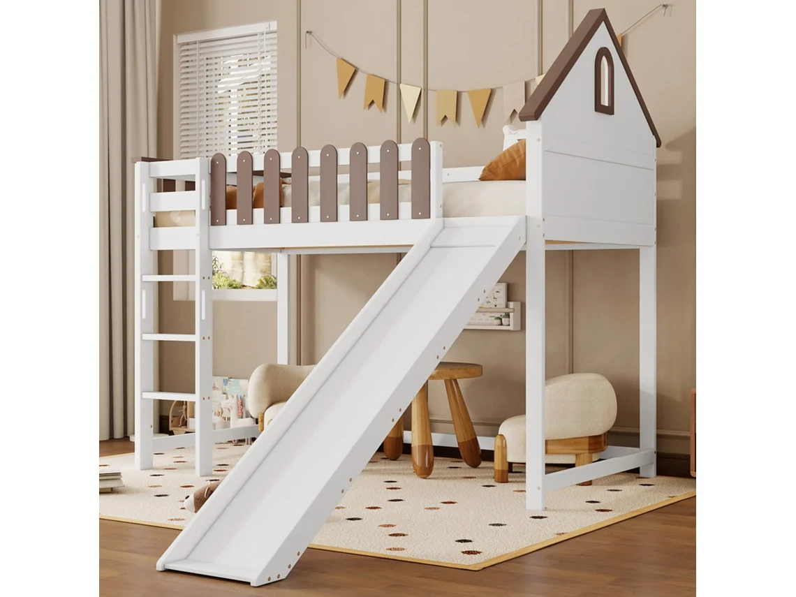 Cama Alta Infantil 90x200 Cm, Teto, Janelas, Escada 3 Degraus, Escorregador, Madeira, Nogueira VSOGA