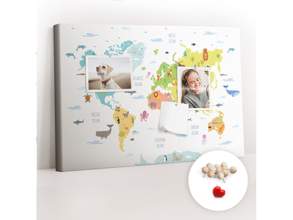 Lousa De Cortiça Mapa-múndi Com Animais Para O Corredor Espelharte (60x40 Cm)