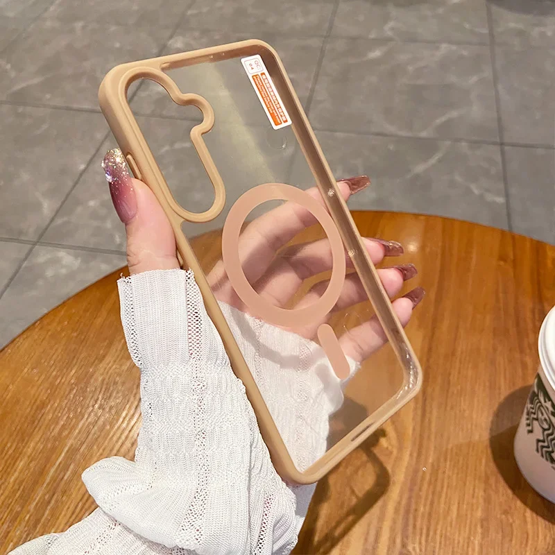 (dourado S26 Plus) Capa Protetora Com Carregamento Sem Fio Magsafe E Moldura Magnética Transparente À Prova De Choque.