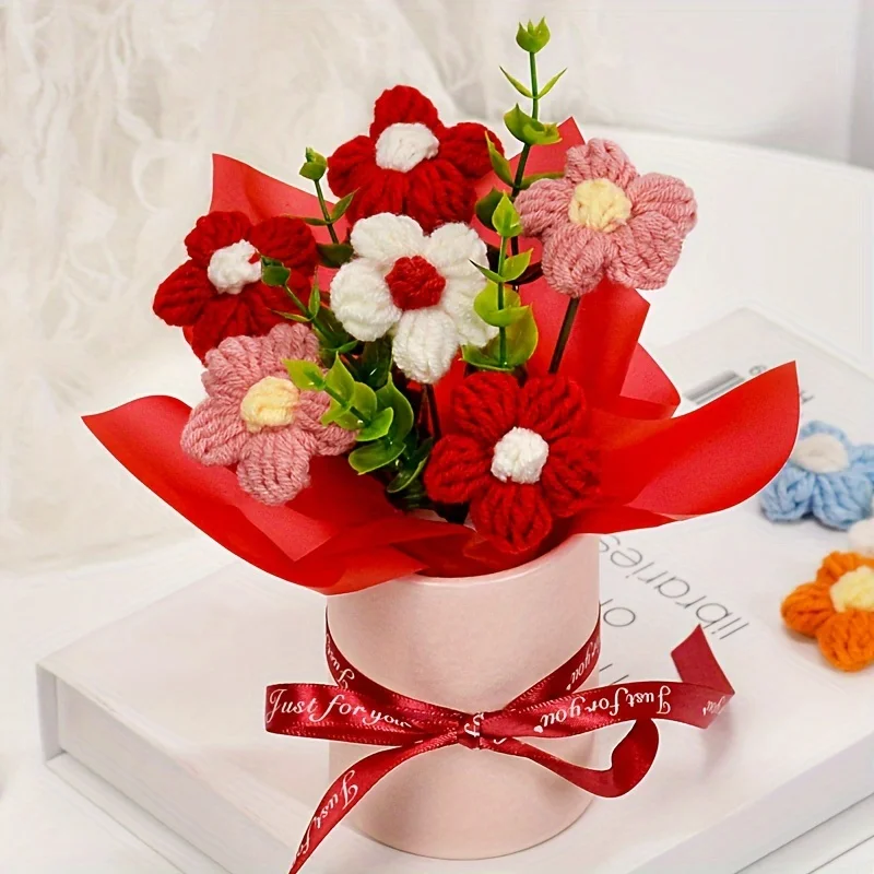 (vermelho) Buquê Feito À Mão Em Crochê, Buquê De Margaridas Tricotadas, Decoração Para Casa, Presente.