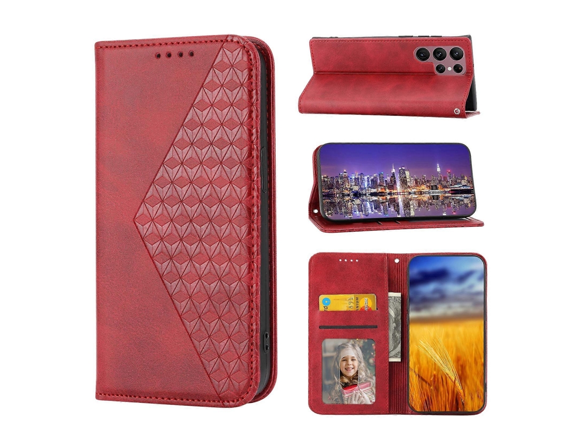 Capa De Celular Em Couro Sintético Com Textura De Grade Cúbica E Revestimento Magnético Para Samsung Galaxy S23 Ultra 5g