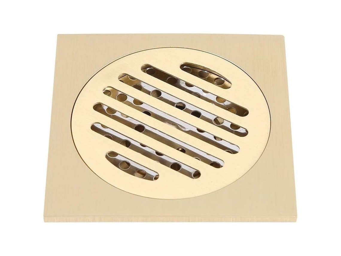 Ralo de piso quadrado de latão de 10x10 cm com filtro anti-cabelo e anti-impressão digital para chuveiro, cozinha e banheiro.