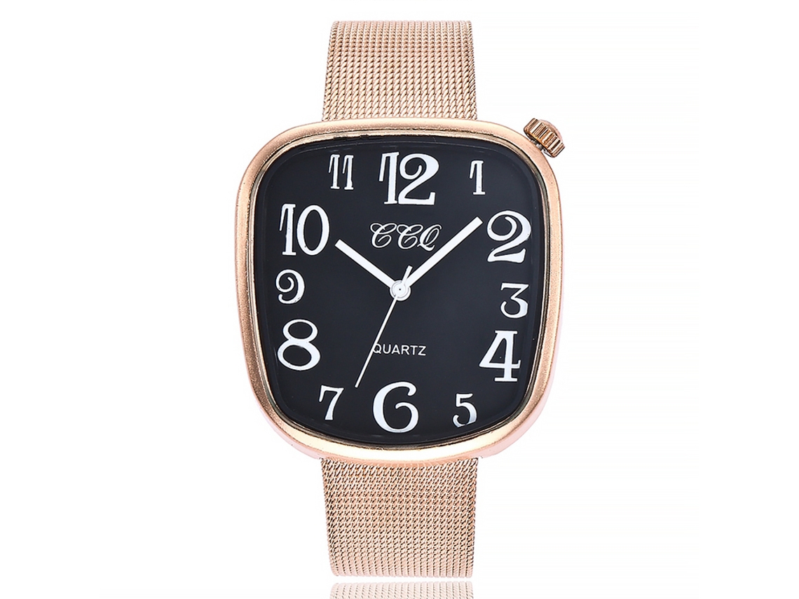 Relógio casual de quartzo com pulseira de malha metálica, mostrador numérico, estilo fashion (preto e dourado rosê)
