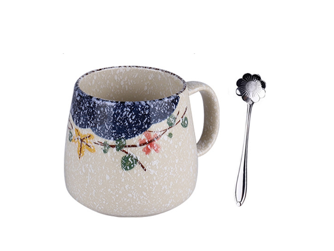 Caneca de Cerâmica com Tampa e Colher 400Ml Caneca Pintada À Mão NEVEANCE