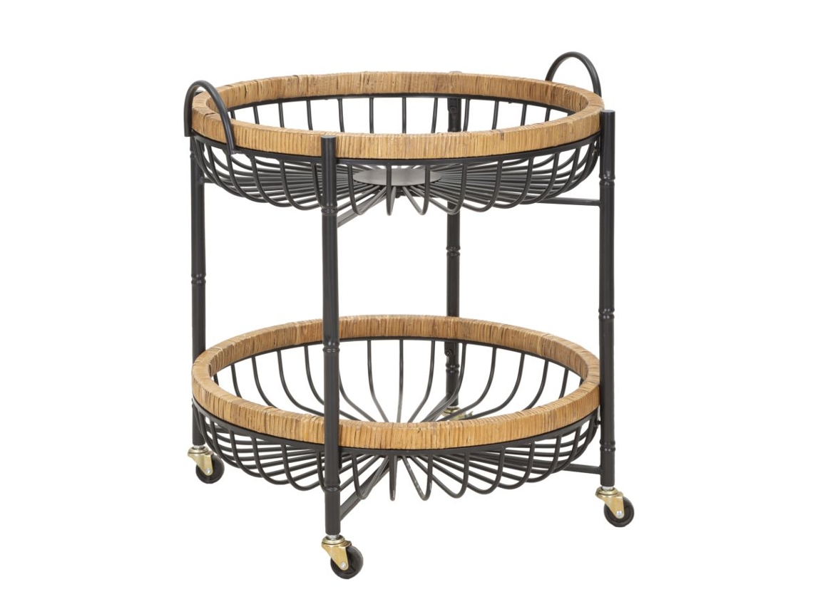 Carrinho Cebu 57x55,5x62,5 Cm Em Metal Preto E Rattan Com 2 Prateleiras E Rodízios - Estilo Boho Chic Para Decoração De Interiores Versátil E Prática