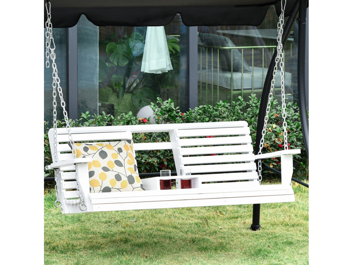 Balanço Para Área Externa Triplo Com Mesa No Centro E Porta-copos, Fabricado Em Madeira E Metal, Nas Medidas 150x75x53 Cm, Na Cor Branca