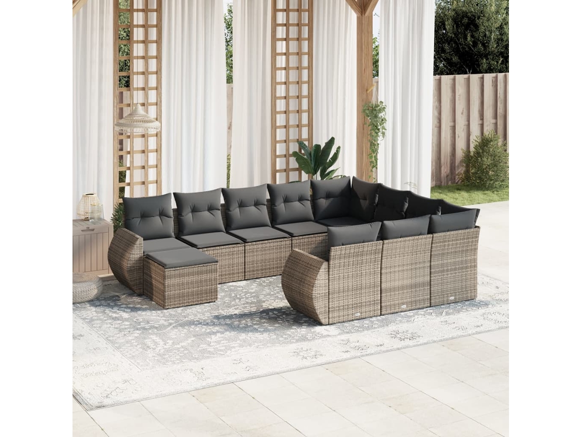 Vidaxl 11 Pcs Conjunto Sofás De Jardim C/ Almofadões Vime Pe Cinzento