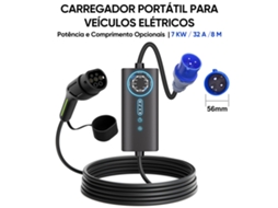8m Carregador Portátil Para Veículos Elétricos Junsun De 7kw, 32 A, Com Corrente Ajustável Entre 6 E 32 A, Função De Temporizador Inteligente, Modo 2