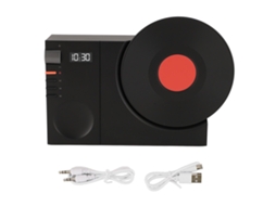 Primerox caixa de Som Bt Retrô com Relógio de Mesa Forma Giratória Tocador de Vinil Preto