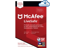 Software MCAFEE Livesafe (1 ano - PC, MacBook, Smartphone e Tablet - Formato Digital)