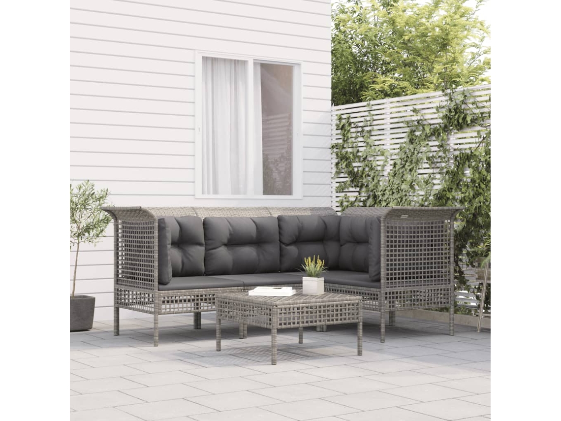 Vidaxl 5 Pcs Conjunto Lounge De Jardim C/ Almofadões Vime Pe Cinzento