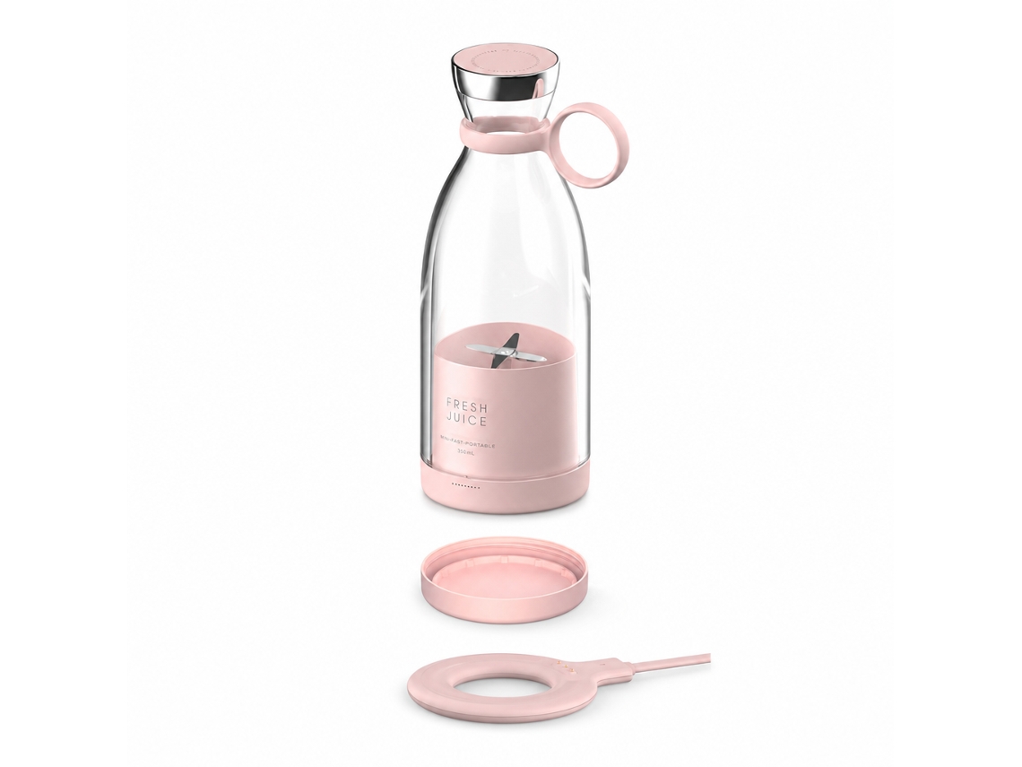 Liquidificadora Portátil Elétrica Recarregável Por Carga Magnética, Rosa, Com Tampa De Transporte, Modelo 214b