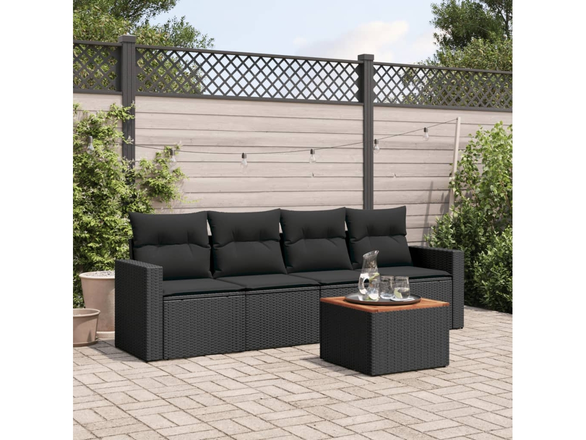 Vidaxl 5 Pcs Conjunto Sofás De Jardim Com Almofadões Vime Pe Preto