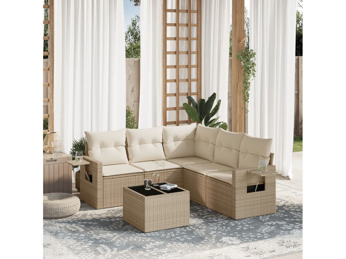Vidaxl 6 Pcs Conjunto De Sofás P/ Jardim Com Almofadões Vime Pe Bege